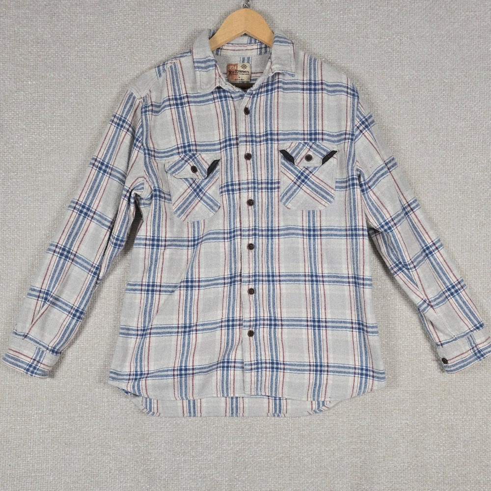 RuffHewn Mens Large Grey‎ Blue Red Plaid Cotton Flannel Button Down Shirt
